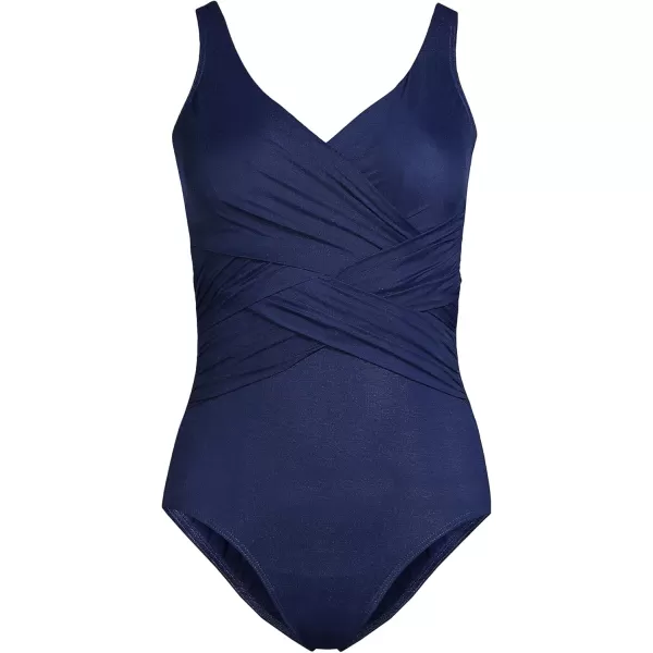 Lands End Womens SlenderSuit Tummy Control VNeck Wrap One Piece SwimsuitDeep Sea Navy