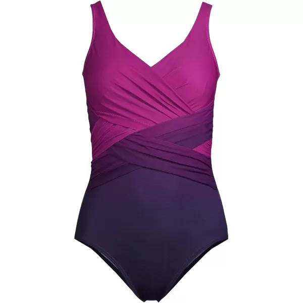 Lands End Womens SlenderSuit Tummy Control VNeck Wrap One Piece SwimsuitViolet RoseNavy Ombre