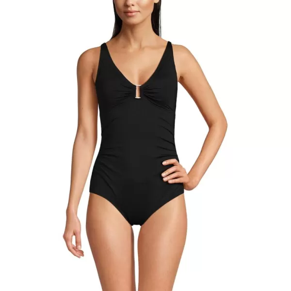 Lands End Womens Chlorine Resistant VNeck Hardware One Piece SwimsuitBlack