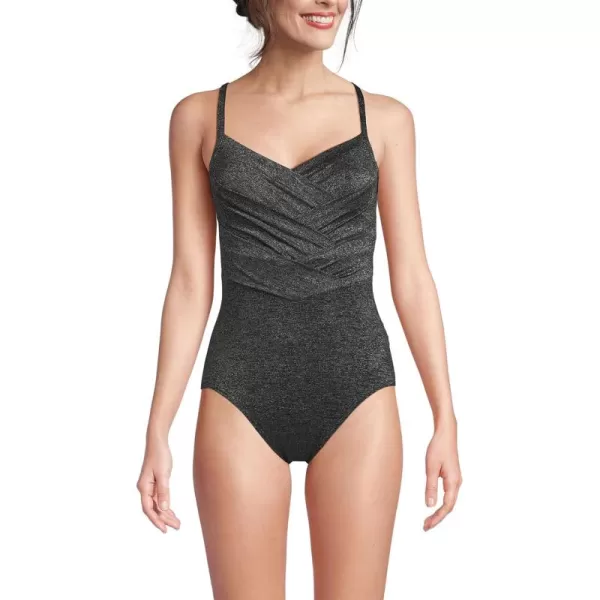 Lands End Womens Slender Suit VNeck Pleated XBack One Piece Swimsuit Adjustable StrapsBlack Shine