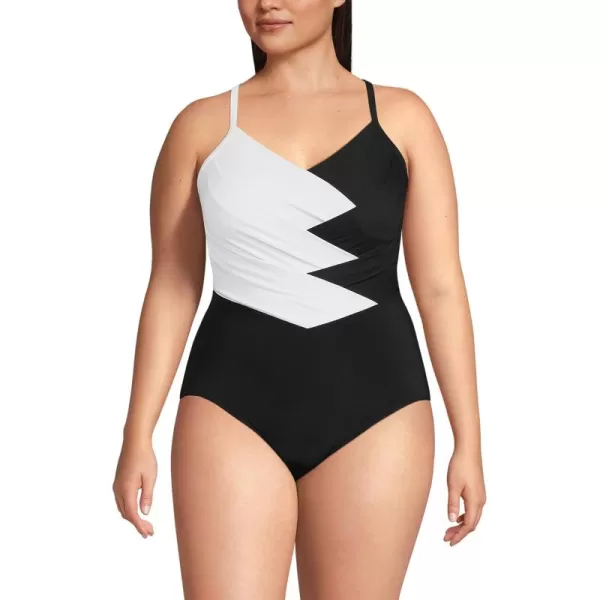 Lands End Womens Slender Suit VNeck Pleated XBack One Piece Swimsuit Adjustable StrapsBlackWhite