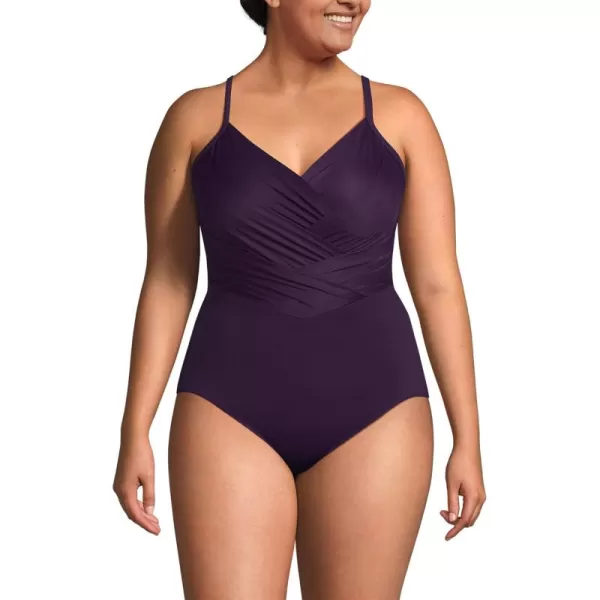 Lands End Womens Slender Suit VNeck Pleated XBack One Piece Swimsuit Adjustable StrapsBlackberry