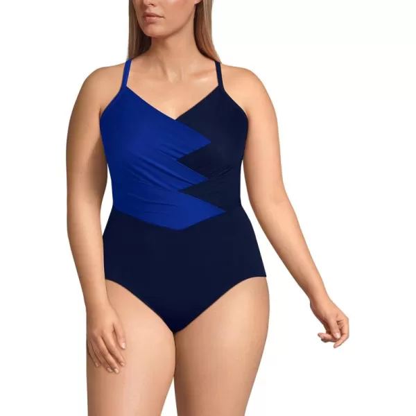 Lands End Womens Slender Suit VNeck Pleated XBack One Piece Swimsuit Adjustable StrapsElectric BlueDeep Sea Navy