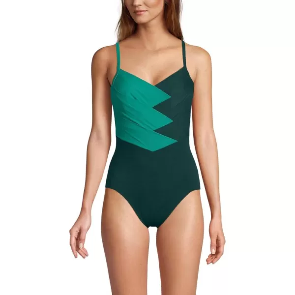 Lands End Womens Slender Suit VNeck Pleated XBack One Piece Swimsuit Adjustable StrapsIsland EmeraldDeep Balsam