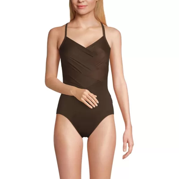 Lands End Womens Slender Suit VNeck Pleated XBack One Piece Swimsuit Adjustable StrapsRich Coffee