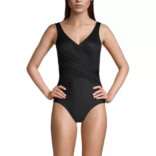 Lands End Womens SlenderSuit Tummy Control VNeck Wrap One Piece SwimsuitBlack