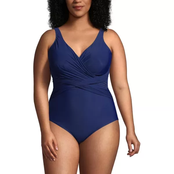 Lands End Womens SlenderSuit Tummy Control VNeck Wrap One Piece SwimsuitDeep Sea Navy