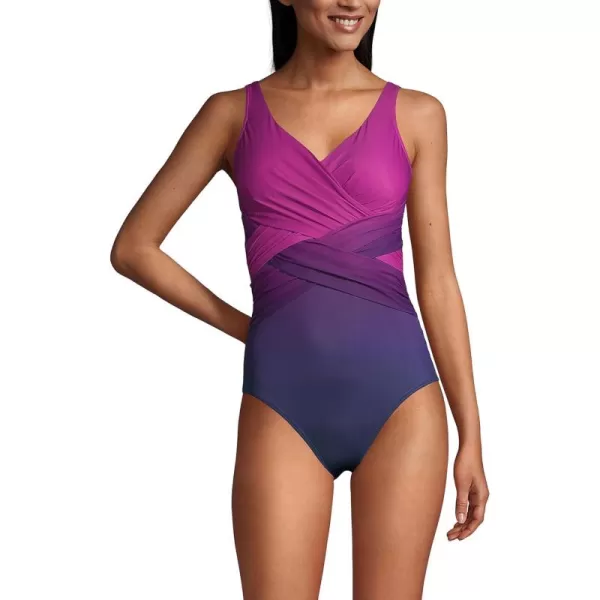 Lands End Womens SlenderSuit Tummy Control VNeck Wrap One Piece SwimsuitViolet RoseNavy Ombre