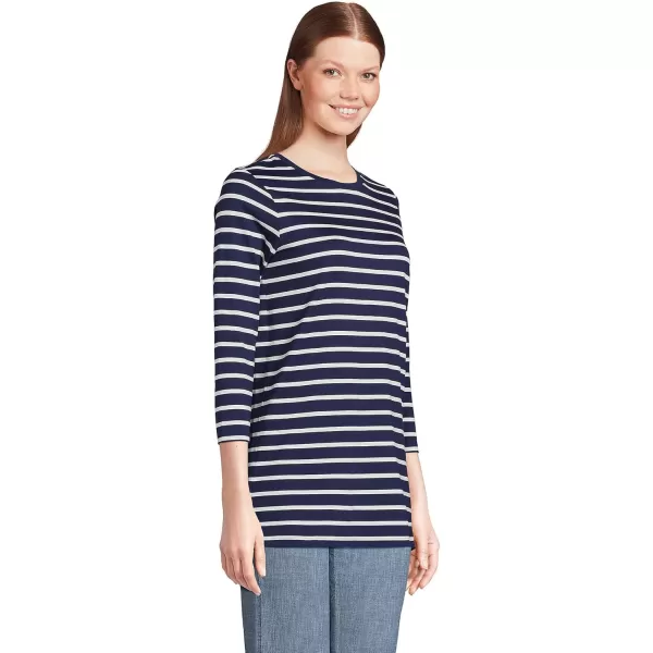 Lands End Womens 34 Sleeve Supima Cotton Crewneck TunicDeep Sea Navy Breton Stripe