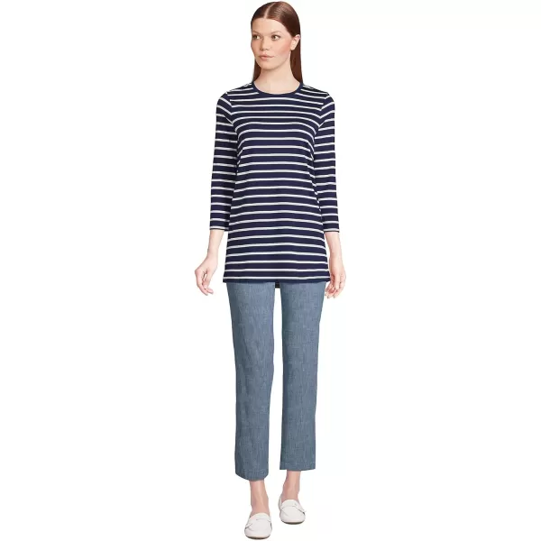 Lands End Womens 34 Sleeve Supima Cotton Crewneck TunicDeep Sea Navy Breton Stripe