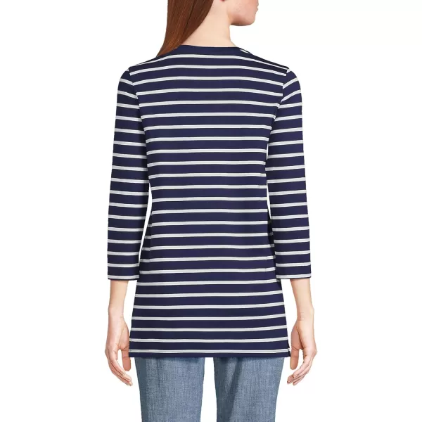 Lands End Womens 34 Sleeve Supima Cotton Crewneck TunicDeep Sea Navy Breton Stripe