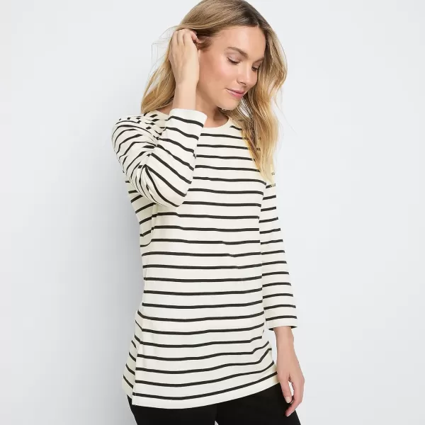 Lands End Womens 34 Sleeve Supima Cotton Crewneck TunicIvoryBlack Breton Stripe