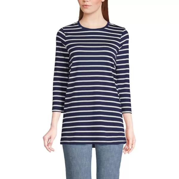 Lands End Womens 34 Sleeve Supima Cotton Crewneck TunicDeep Sea Navy Breton Stripe