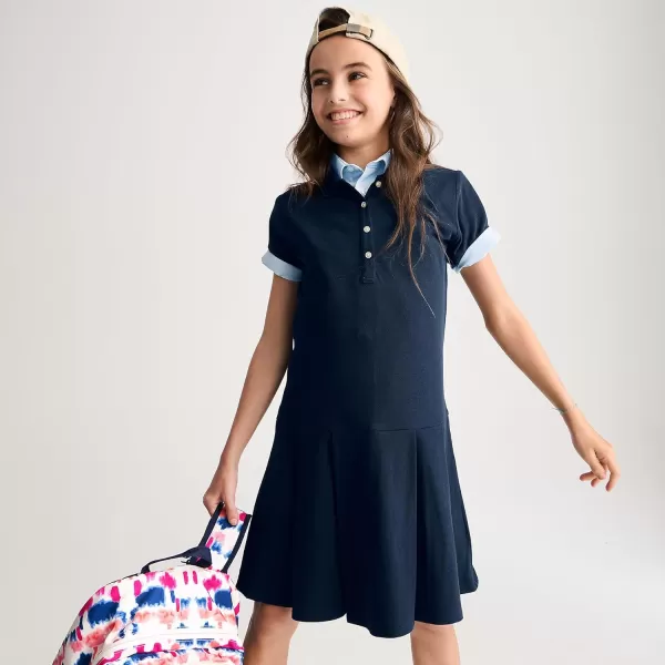 Lands End School Uniform Girls Short Sleeve Mesh Pleated Polo DressClassic Navy