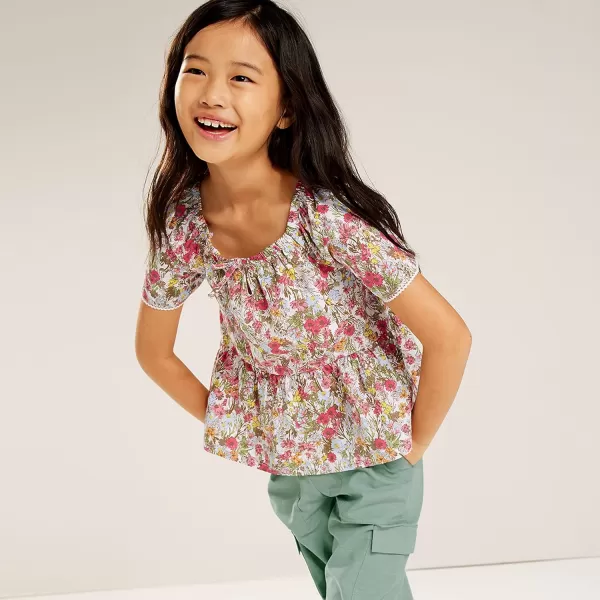 imageLands End Girls Flutter Sleeve Tiered Peasant TopPink Multi Field Floral