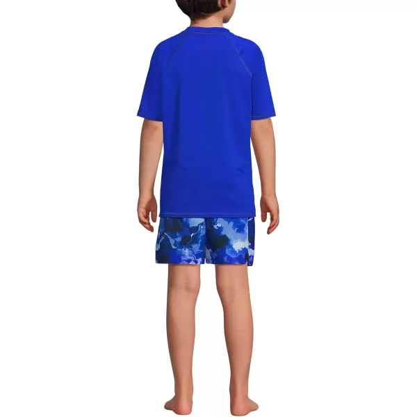 imageLands End Boys Chlorine Resistant Short Sleeve UPF 50 Rash Guard Swim Trunk SetElectric Blue Marble Tie Dye