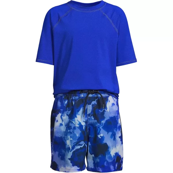 imageLands End Boys Chlorine Resistant Short Sleeve UPF 50 Rash Guard Swim Trunk SetElectric Blue Marble Tie Dye