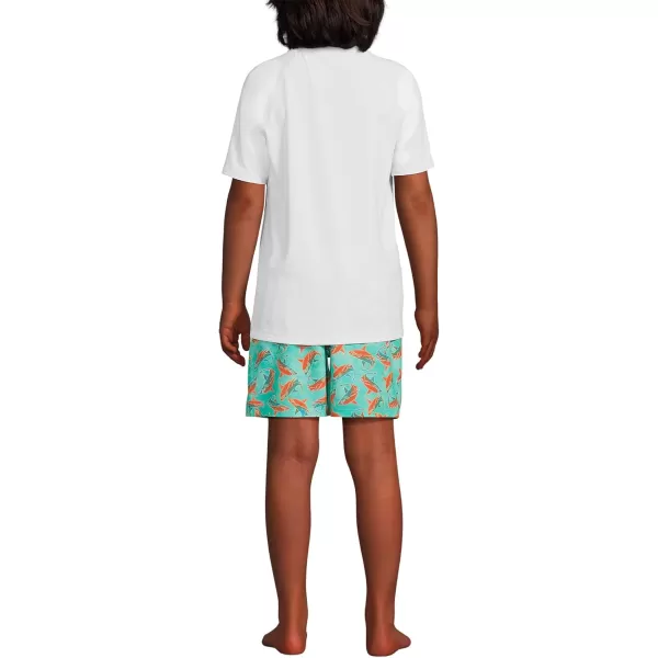 imageLands End Boys Chlorine Resistant Short Sleeve UPF 50 Rash Guard Swim Trunk SetIsland Aqua Bright Sharks