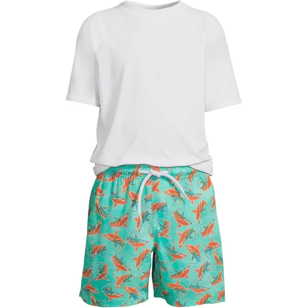 imageLands End Boys Chlorine Resistant Short Sleeve UPF 50 Rash Guard Swim Trunk SetIsland Aqua Bright Sharks