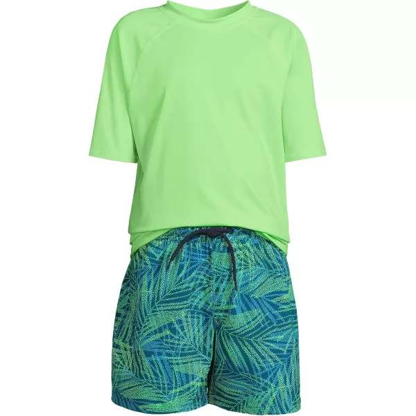 imageLands End Boys Chlorine Resistant Short Sleeve UPF 50 Rash Guard Swim Trunk SetParadise Teal Stipple Palm