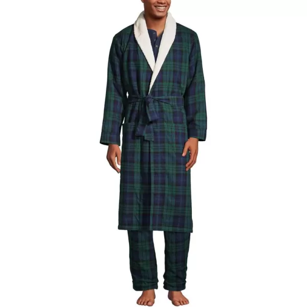 imageLands End Mens Sherpa Fleece Lined Flannel RobeEvergreen Blackwatch Plaid