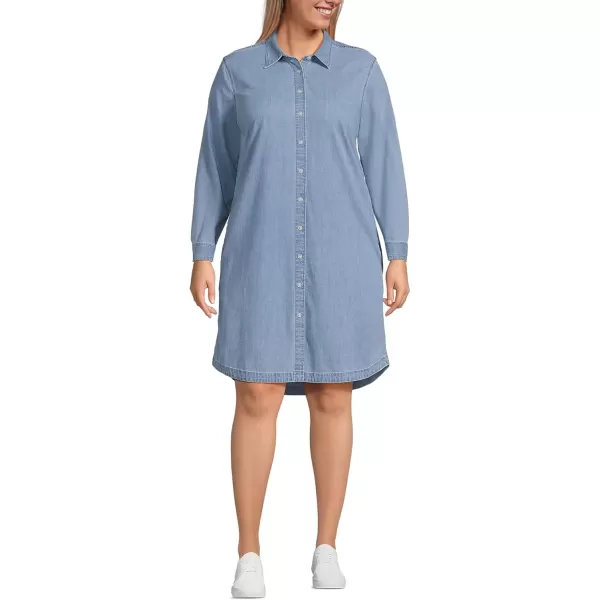 imageLands End Womens Chambray Button Front Knee Length DressLight Wash Indigo