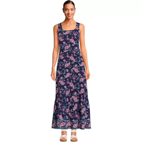 imageLands End Womens Cotton Modal Square Neck Tiered Maxi DressDeep Sea Navy Paisley Border