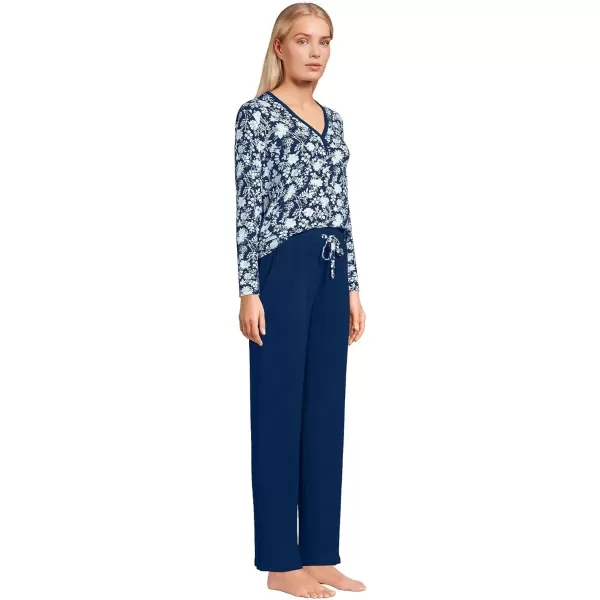 imageLands End Womens Cozy 2 Piece Pajama Set  Long Sleeve Top and PantsDeep Sea Navy Classic Floral