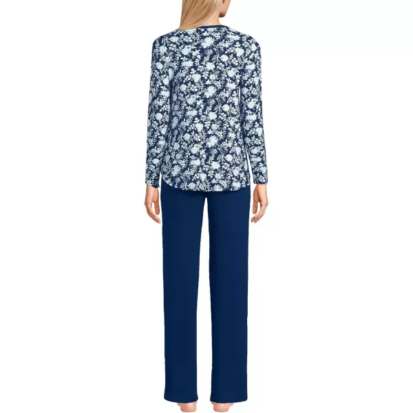 imageLands End Womens Cozy 2 Piece Pajama Set  Long Sleeve Top and PantsDeep Sea Navy Classic Floral