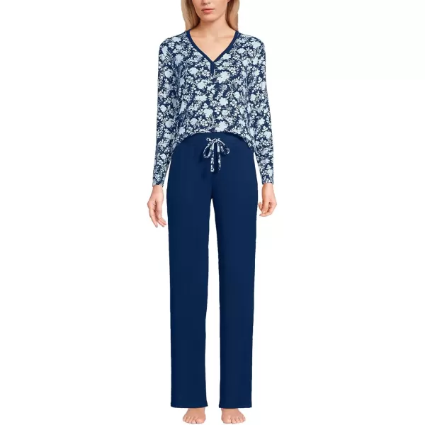 imageLands End Womens Cozy 2 Piece Pajama Set  Long Sleeve Top and PantsDeep Sea Navy Classic Floral