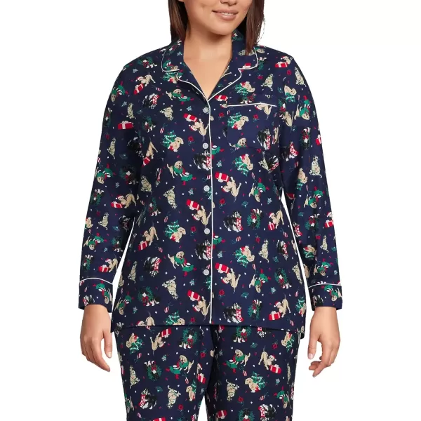 imageLands End Womens Long Sleeve Print Flannel Pajama TopDeep Sea Navy Holiday Pups