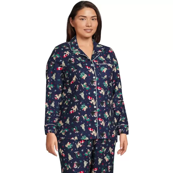 imageLands End Womens Long Sleeve Print Flannel Pajama TopDeep Sea Navy Holiday Pups