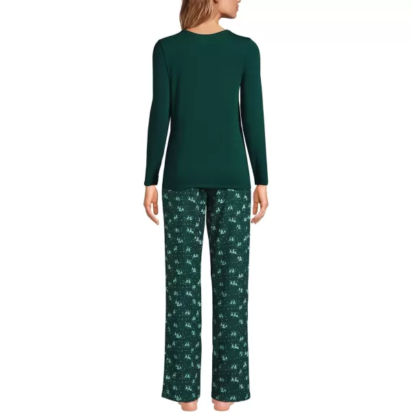 imageLands End Womens Pajama Set Knit Long Sleeve TShirt and Flannel PantsDeep Forest Trees