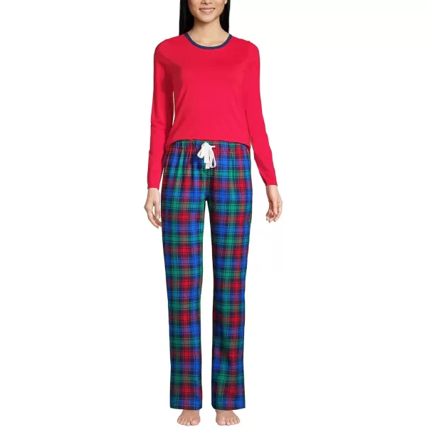 imageLands End Womens Pajama Set Knit Long Sleeve TShirt and Flannel PantsDeep Sea Navy Festive Plaid