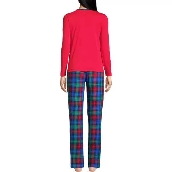 imageLands End Womens Pajama Set Knit Long Sleeve TShirt and Flannel PantsDeep Sea Navy Festive Plaid