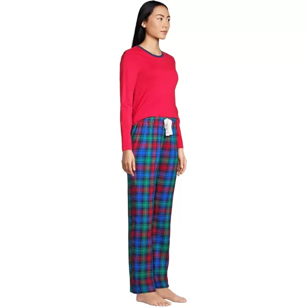 imageLands End Womens Pajama Set Knit Long Sleeve TShirt and Flannel PantsDeep Sea Navy Festive Plaid