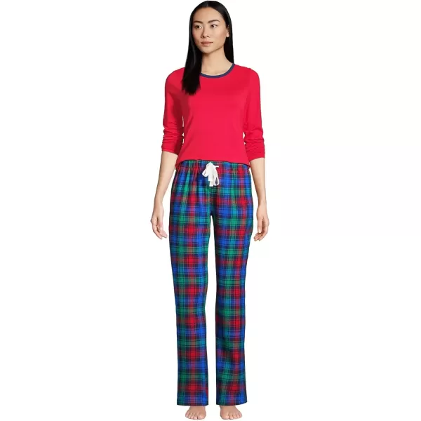 imageLands End Womens Pajama Set Knit Long Sleeve TShirt and Flannel PantsDeep Sea Navy Festive Plaid