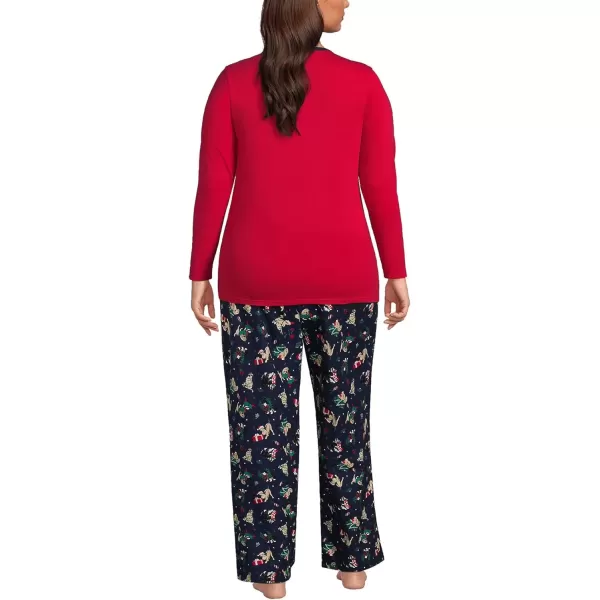 imageLands End Womens Pajama Set Knit Long Sleeve TShirt and Flannel PantsDeep Sea Navy Holiday Pups