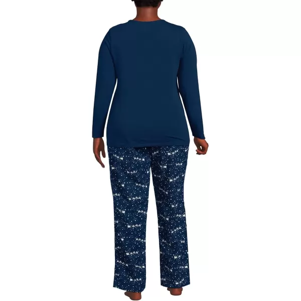 imageLands End Womens Pajama Set Knit Long Sleeve TShirt and Flannel PantsDeep Sea Navy Reindeer