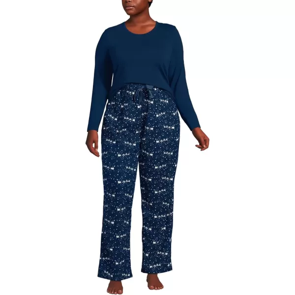 imageLands End Womens Pajama Set Knit Long Sleeve TShirt and Flannel PantsDeep Sea Navy Reindeer