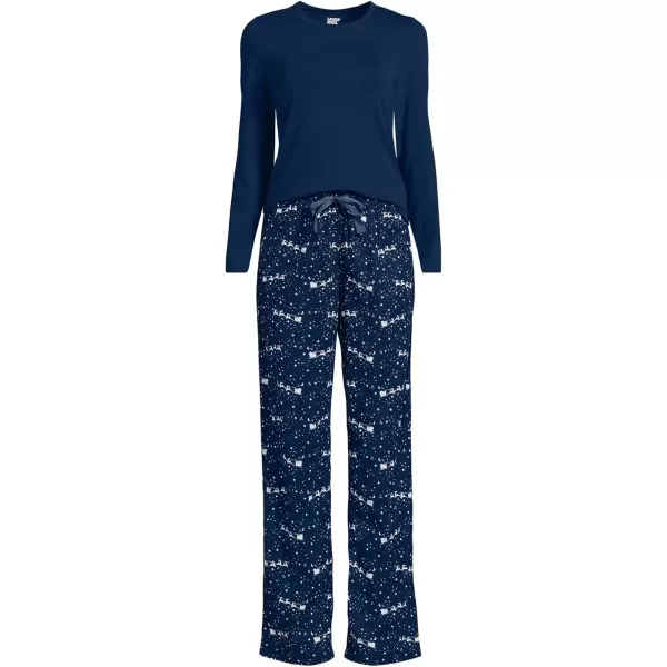 imageLands End Womens Pajama Set Knit Long Sleeve TShirt and Flannel PantsDeep Sea Navy Reindeer