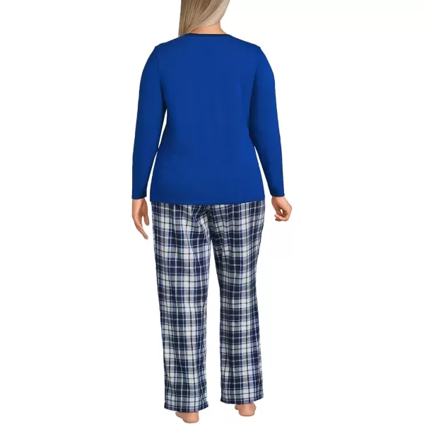 imageLands End Womens Pajama Set Knit Long Sleeve TShirt and Flannel PantsDeep Sea NavyIvory Plaid