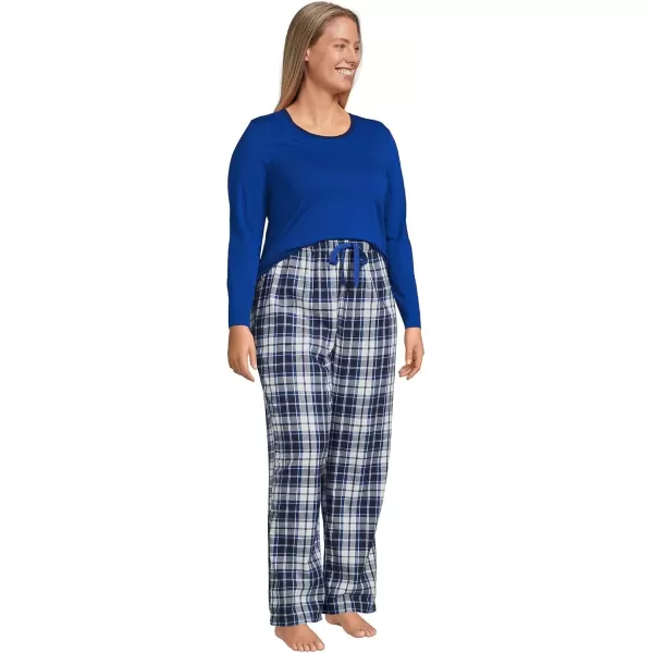 imageLands End Womens Pajama Set Knit Long Sleeve TShirt and Flannel PantsDeep Sea NavyIvory Plaid