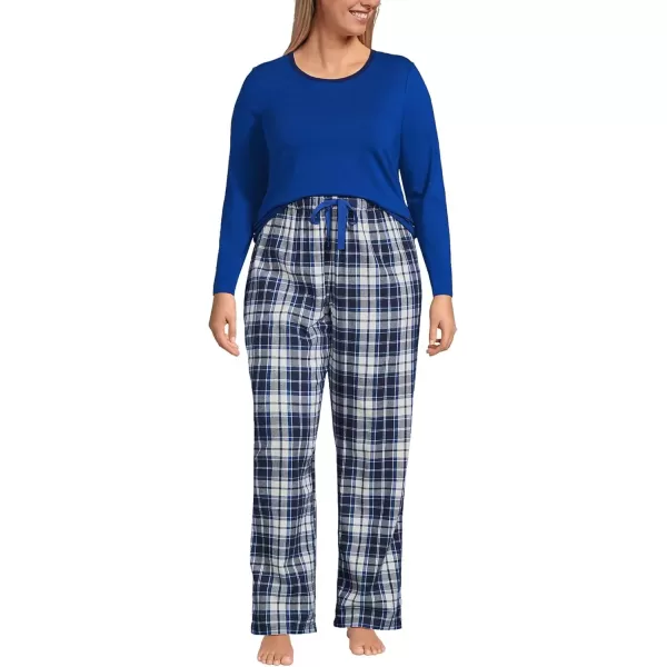 imageLands End Womens Pajama Set Knit Long Sleeve TShirt and Flannel PantsDeep Sea NavyIvory Plaid