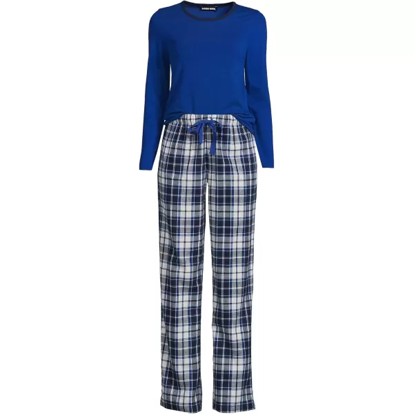 imageLands End Womens Pajama Set Knit Long Sleeve TShirt and Flannel PantsDeep Sea NavyIvory Plaid