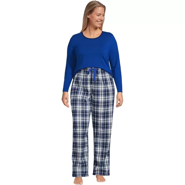 imageLands End Womens Pajama Set Knit Long Sleeve TShirt and Flannel PantsDeep Sea NavyIvory Plaid