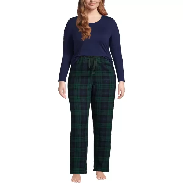 imageLands End Womens Pajama Set Knit Long Sleeve TShirt and Flannel PantsEvergreen Blackwatch Plaid