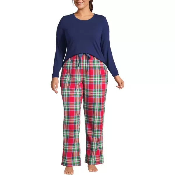 imageLands End Womens Pajama Set Knit Long Sleeve TShirt and Flannel PantsHeritage Red Plaid