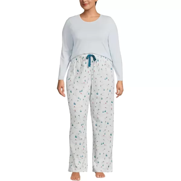 imageLands End Womens Pajama Set Knit Long Sleeve TShirt and Flannel PantsIvory Snow Skiers