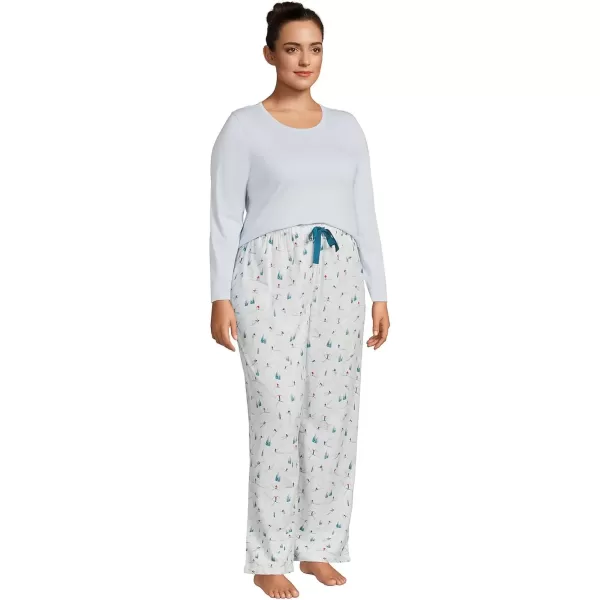 imageLands End Womens Pajama Set Knit Long Sleeve TShirt and Flannel PantsIvory Snow Skiers